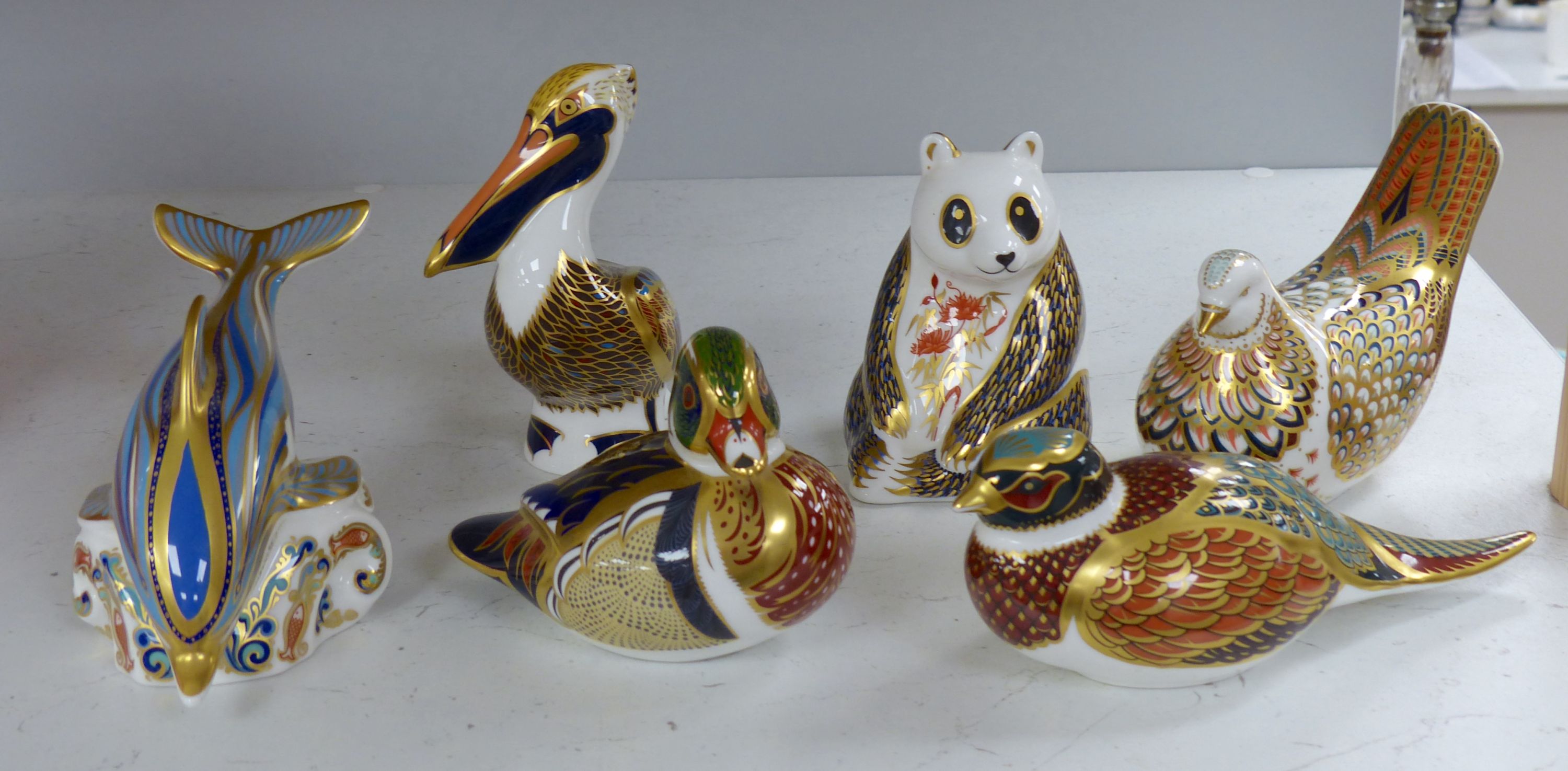 Six Royal Crown Derby animal and bird paperweights